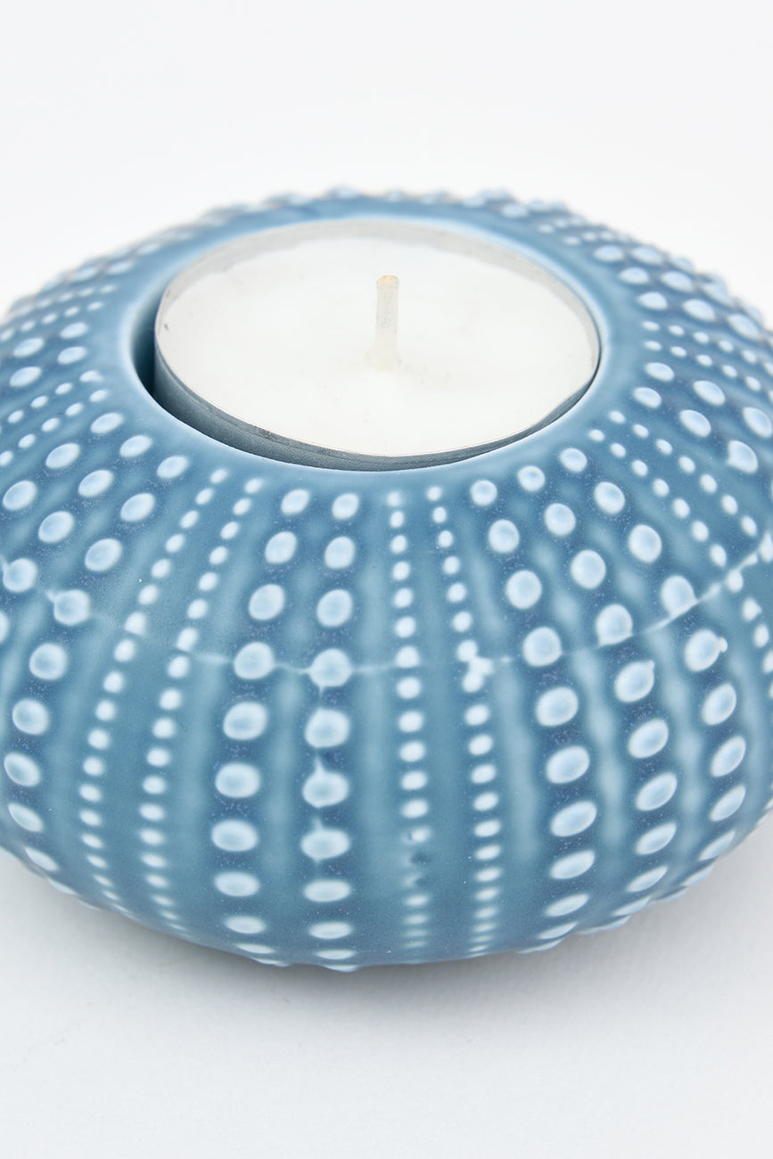 Sea urchin candle holder in light blue ceramic