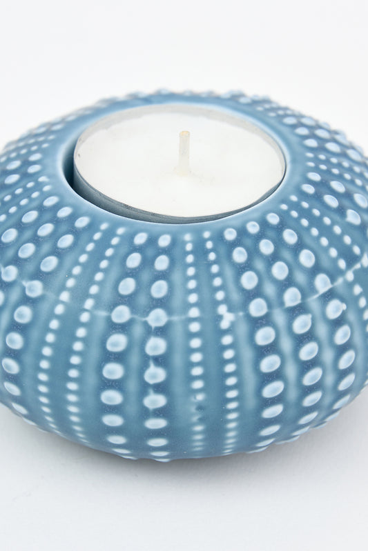 Sea urchin candle holder in light blue ceramic
