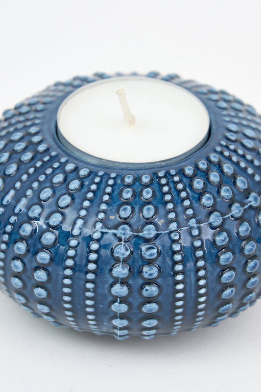 Sea urchin candle holder in blue ceramic