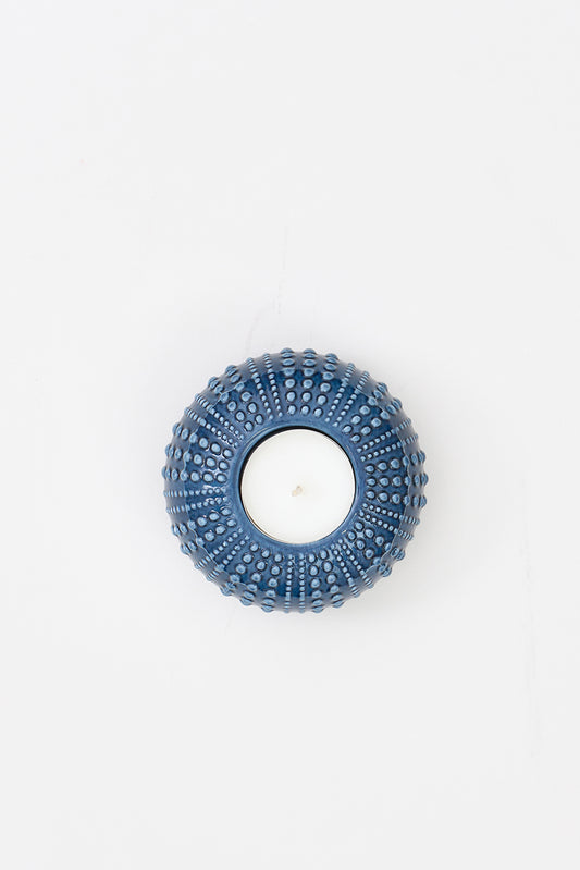 Sea urchin candle holder in blue ceramic
