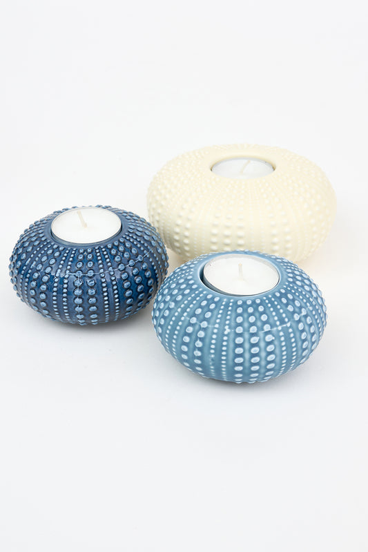 Sea urchin candle holder in blue ceramic