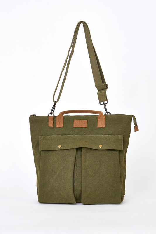 Green canvas bag with striped lining