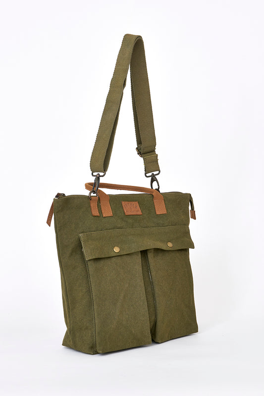 Green canvas bag with striped lining