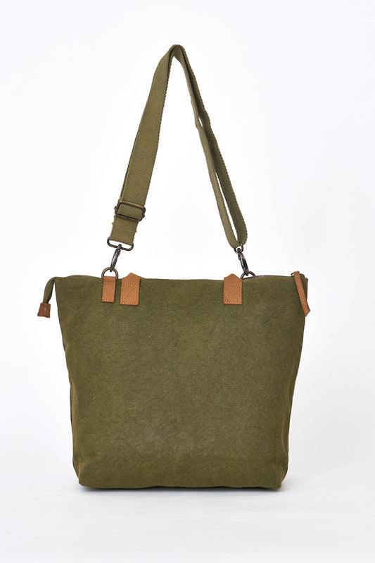 Green canvas bag with striped lining