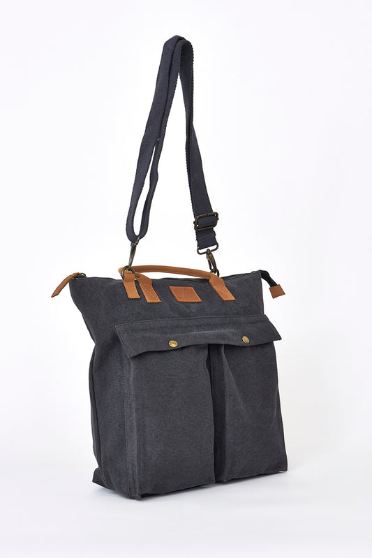 Green canvas bag with striped lining