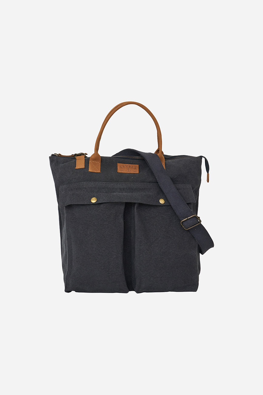 Green canvas bag with striped lining
