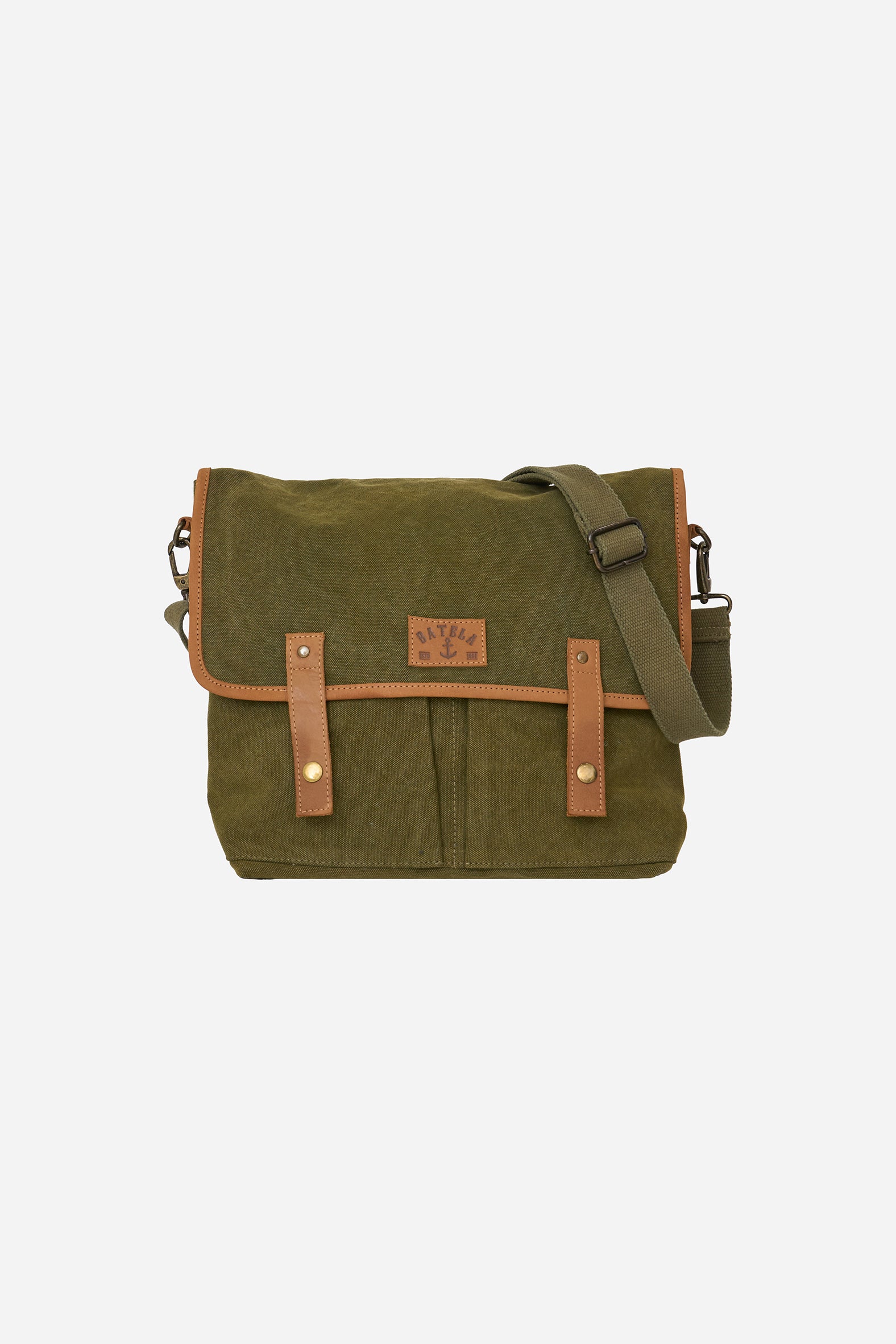 Green canvas shoulder bag with leather details