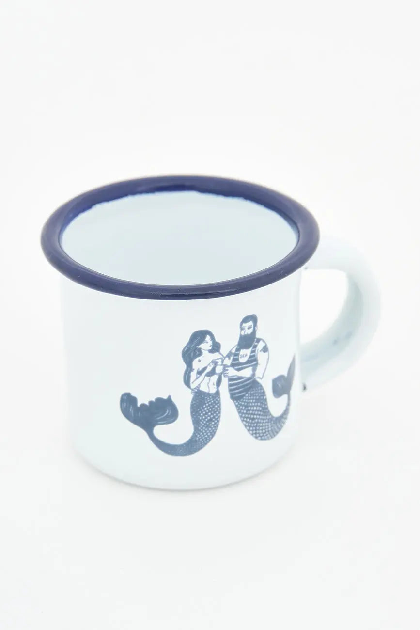 Mini mug à motif de sirènes bleues, en métal émaillé blanc