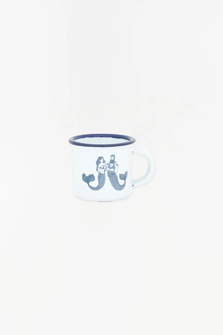 Mini mug à motif de sirènes bleues, en métal émaillé blanc