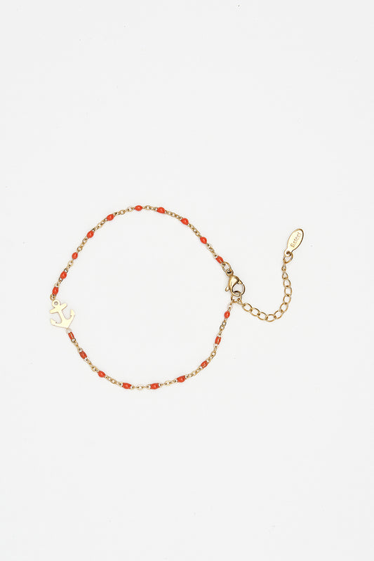 Pulsera o brazalete acero inoxidable con piedras rojas y ancla
