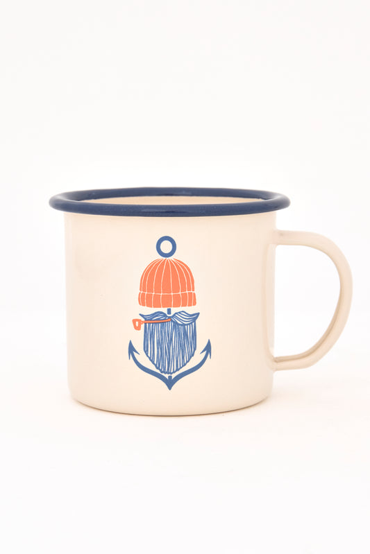 Tasse émaillée décoration nautique avec pêcheur
