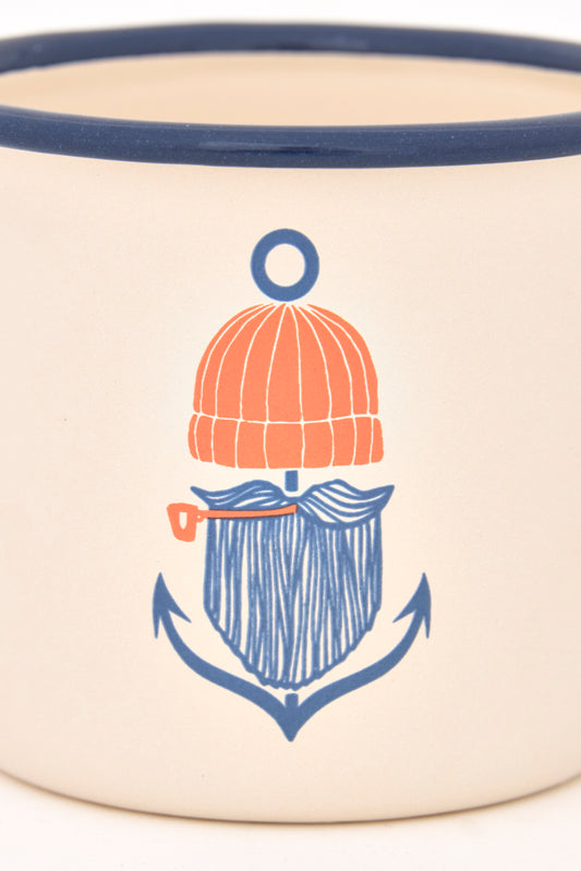 Tasse émaillée décoration nautique avec pêcheur