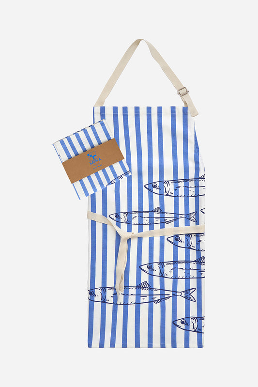 Delantal de algodón a rayas con peces serigrafiados