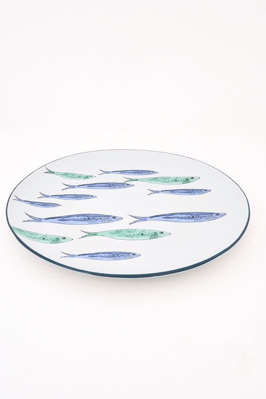 Plato grande de gres con banco de peces