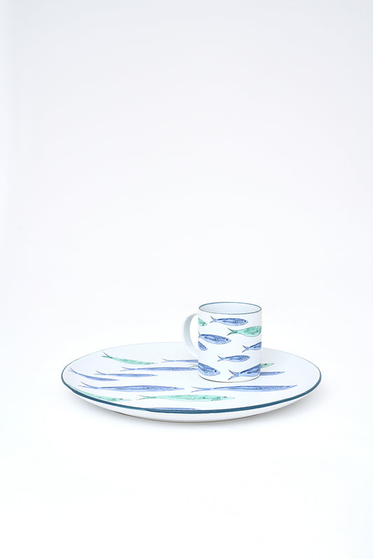 Plato grande de gres con banco de peces