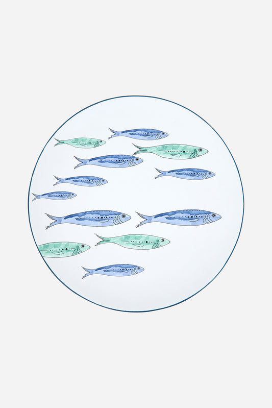 Plato grande de gres con banco de peces