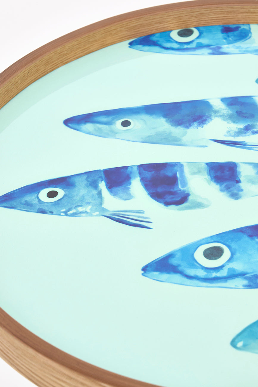 Set de 3 mesas redondas de madera esmaltada con banco de peces