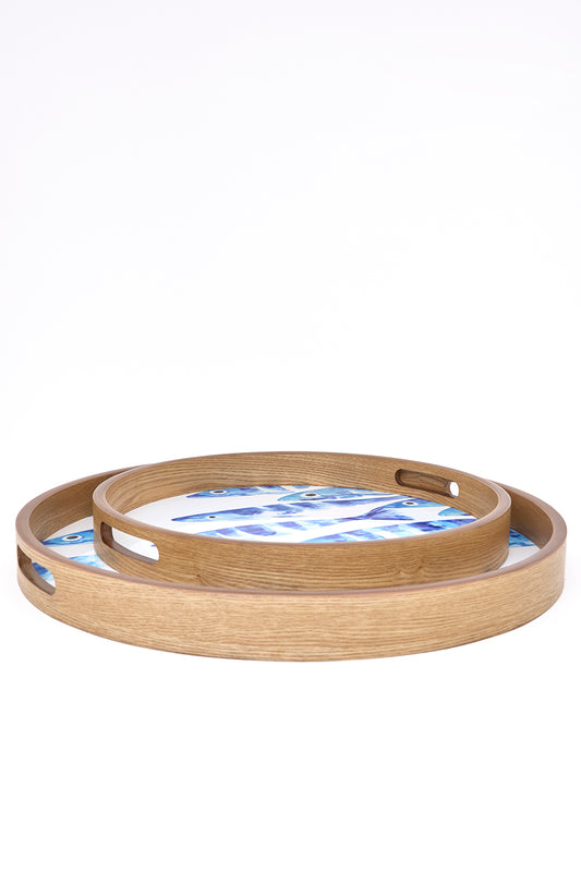 Set de 2 bandejas redondas de madera esmaltada con banco de peces