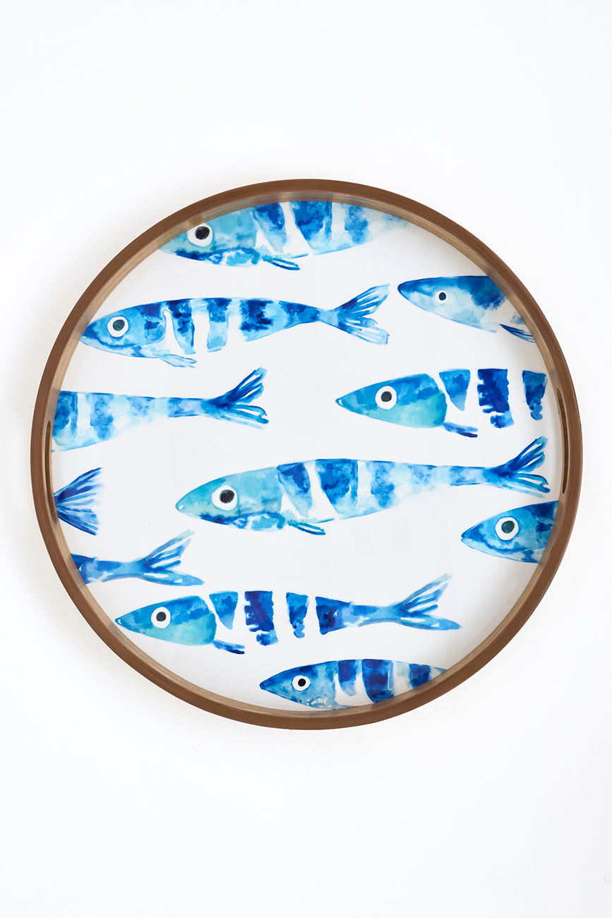 Set de 2 bandejas redondas de madera esmaltada con banco de peces