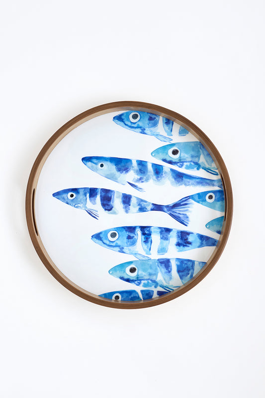 Set de 2 bandejas redondas de madera esmaltada con banco de peces
