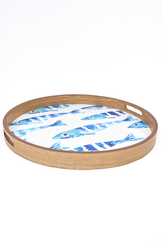 Set de 2 bandejas redondas de madera esmaltada con banco de peces