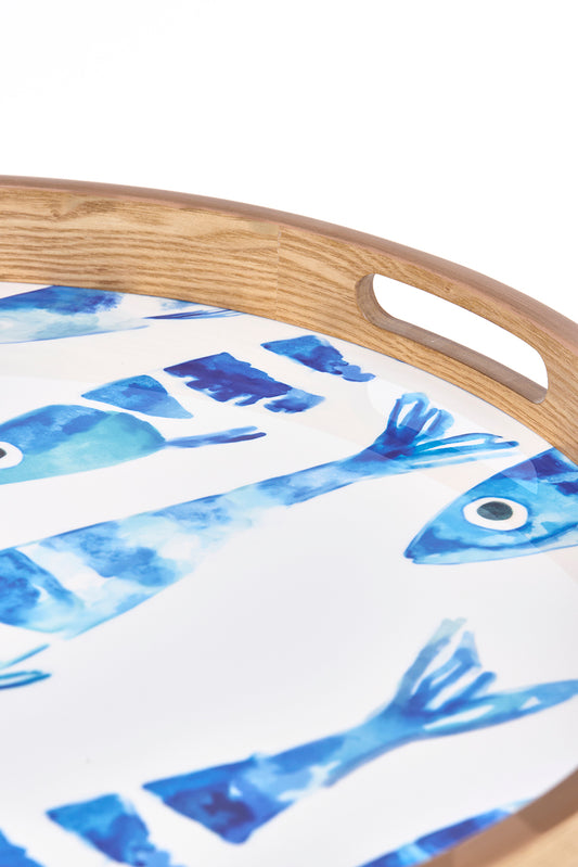 Set de 2 bandejas redondas de madera esmaltada con banco de peces