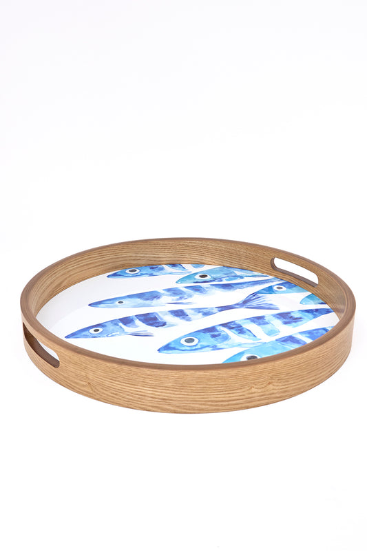 Set de 2 bandejas redondas de madera esmaltada con banco de peces