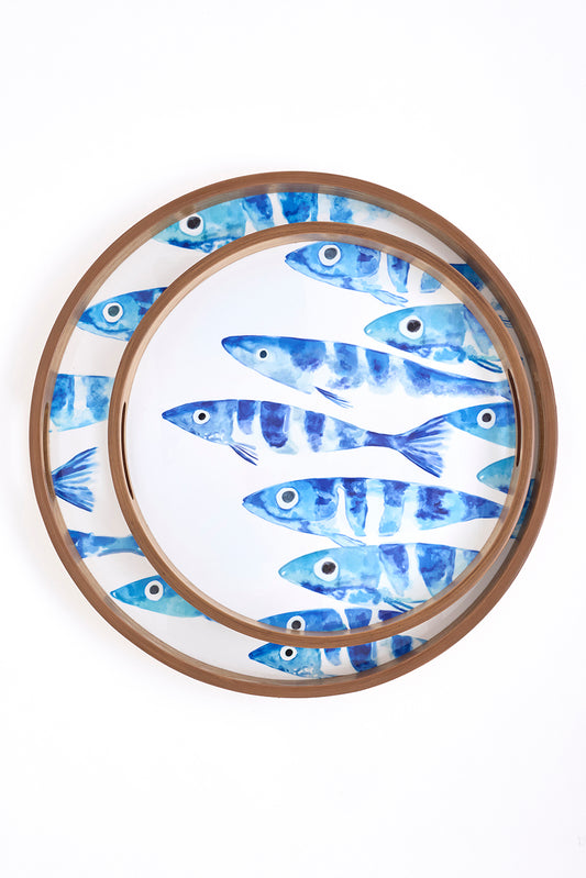 Set de 2 bandejas redondas de madera esmaltada con banco de peces