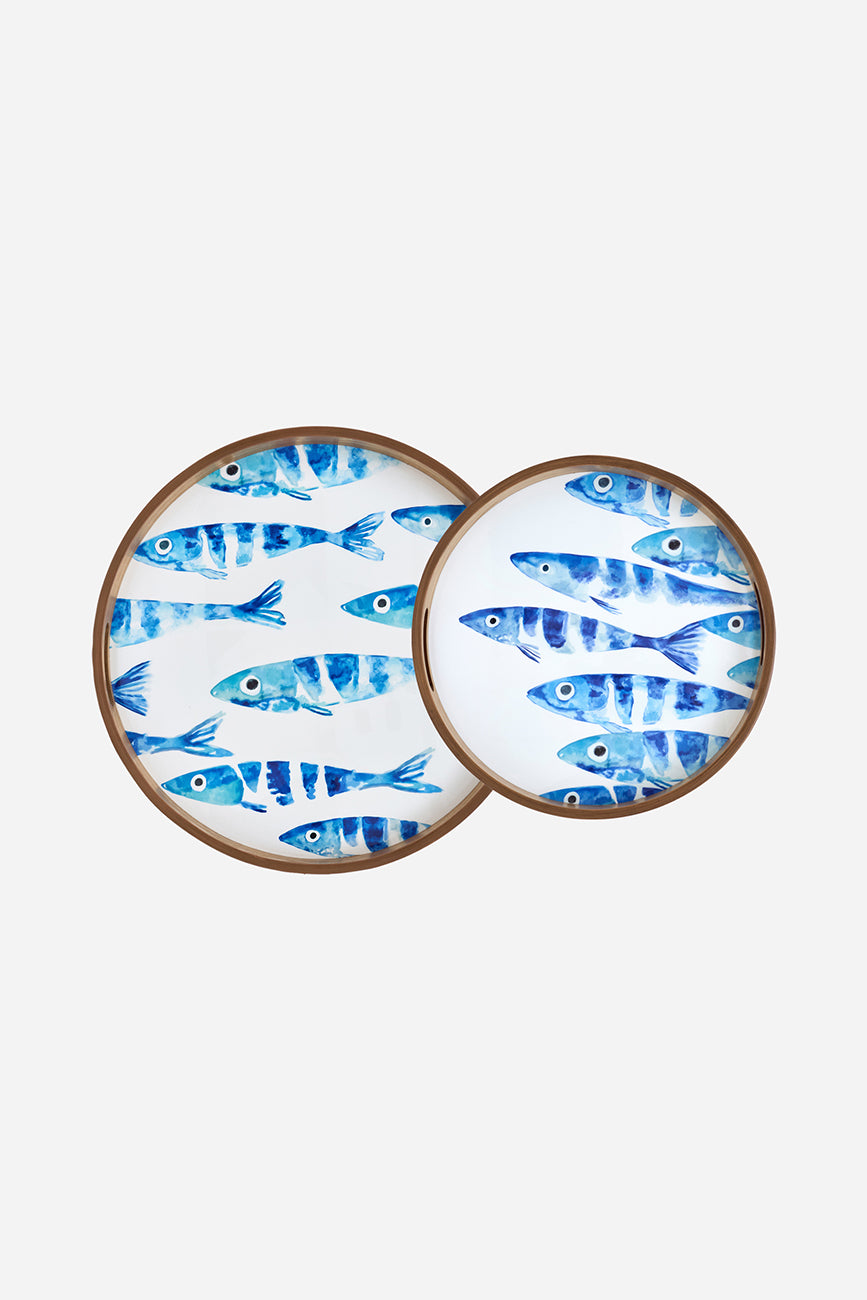Set de 2 bandejas redondas de madera esmaltada con banco de peces