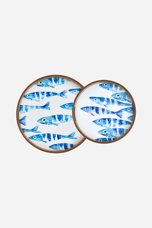 Set de 2 bandejas redondas de madera esmaltada con banco de peces