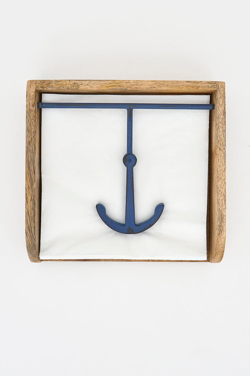 Servilletero de madera con ancla de metal