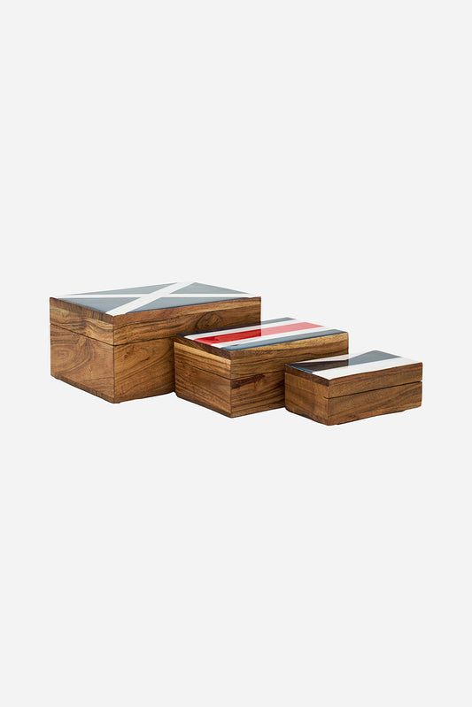 Set de 3 cajas de madera con tapa esmaltada y bandera náutica