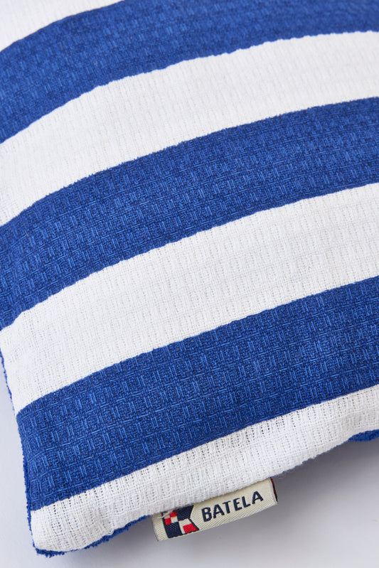 White and blue striped cotton cushion