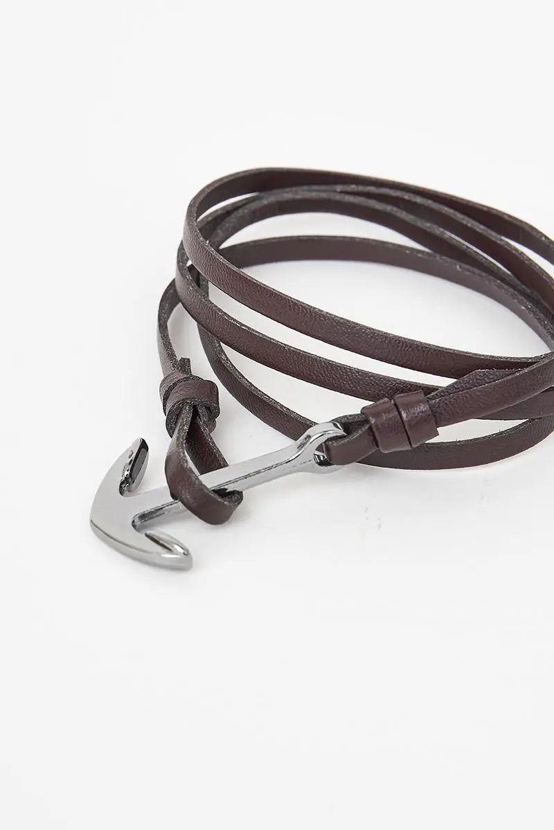 Pulsera de piel marrón oscuro con ancla