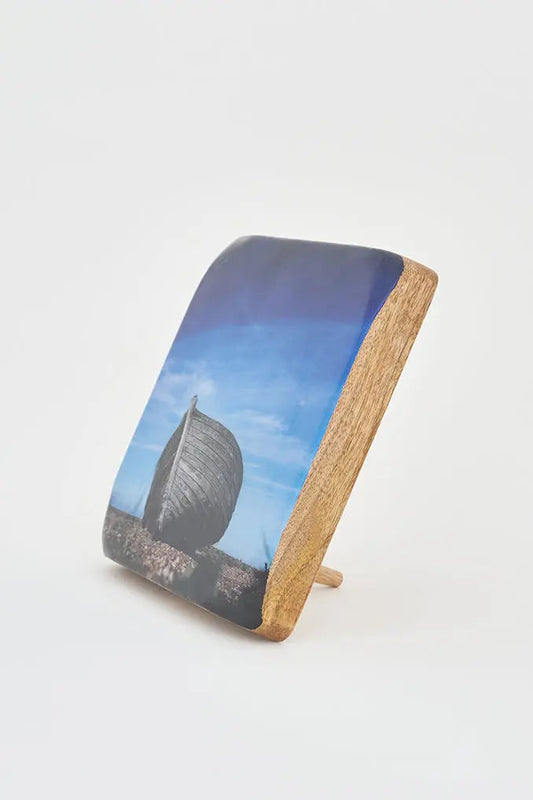 Foto impresa en taco de madera barca en tierra