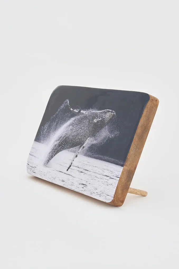 Foto impresa sobre taco de madera con ballena