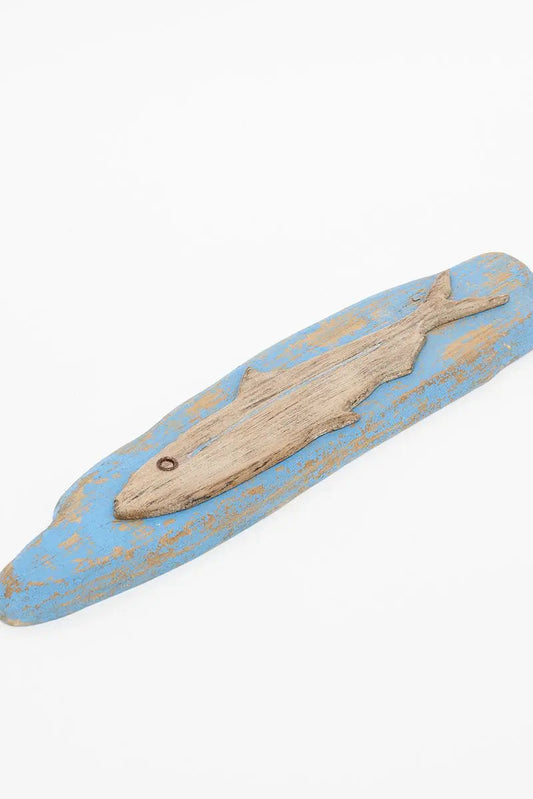 Wooden mural in the shape of a fish