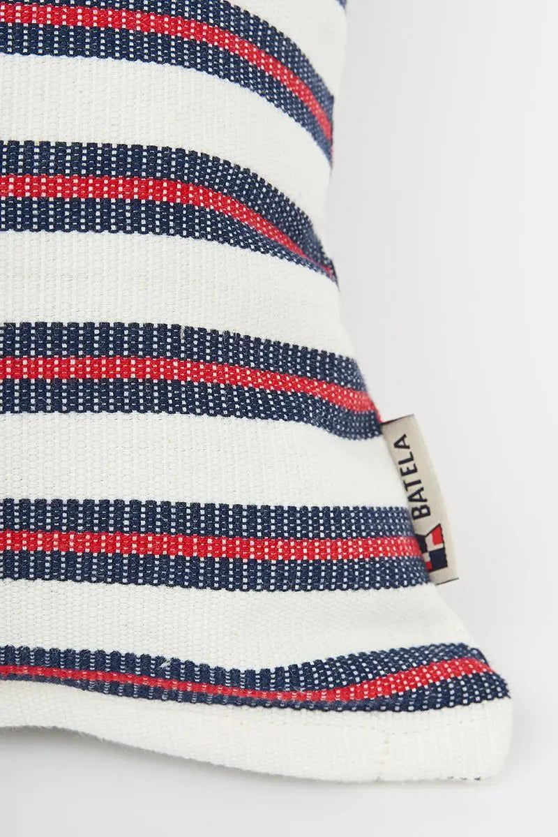 Red and navy striped cotton cushion