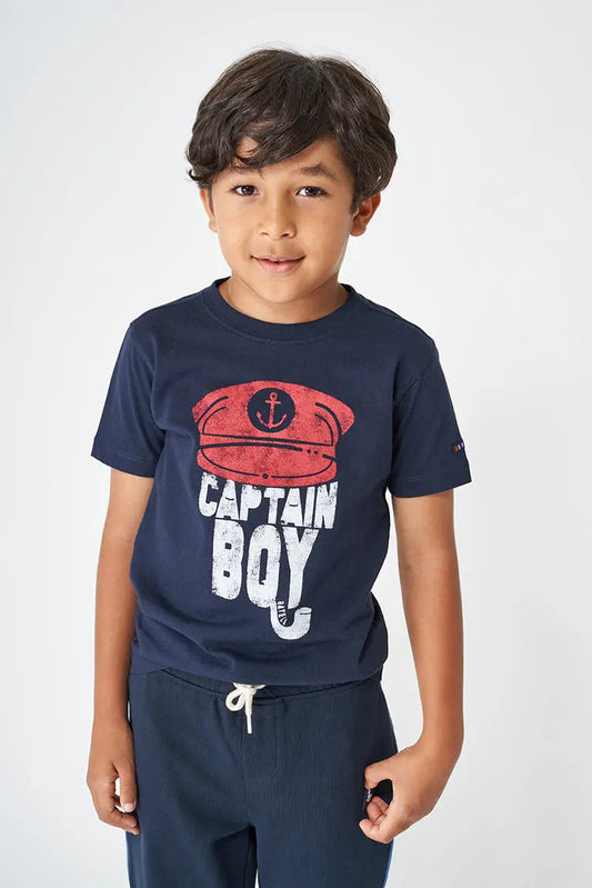 Mutikoentzako mahuka motzeko kotoizko “Captain Boy” kamiseta.
