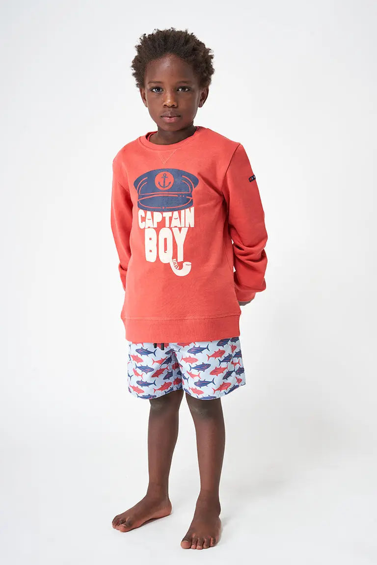 Boys' sweatshirt in terry cotton with a captain's cap and anchor design