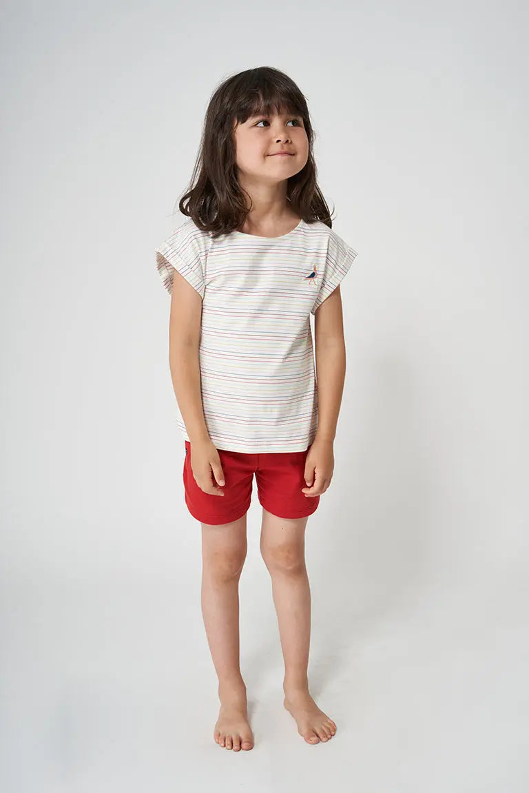 Short-sleeved striped cotton T-shirt with bird