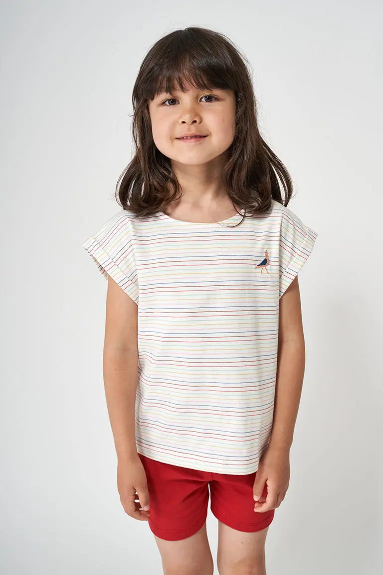 Short-sleeved striped cotton T-shirt with bird