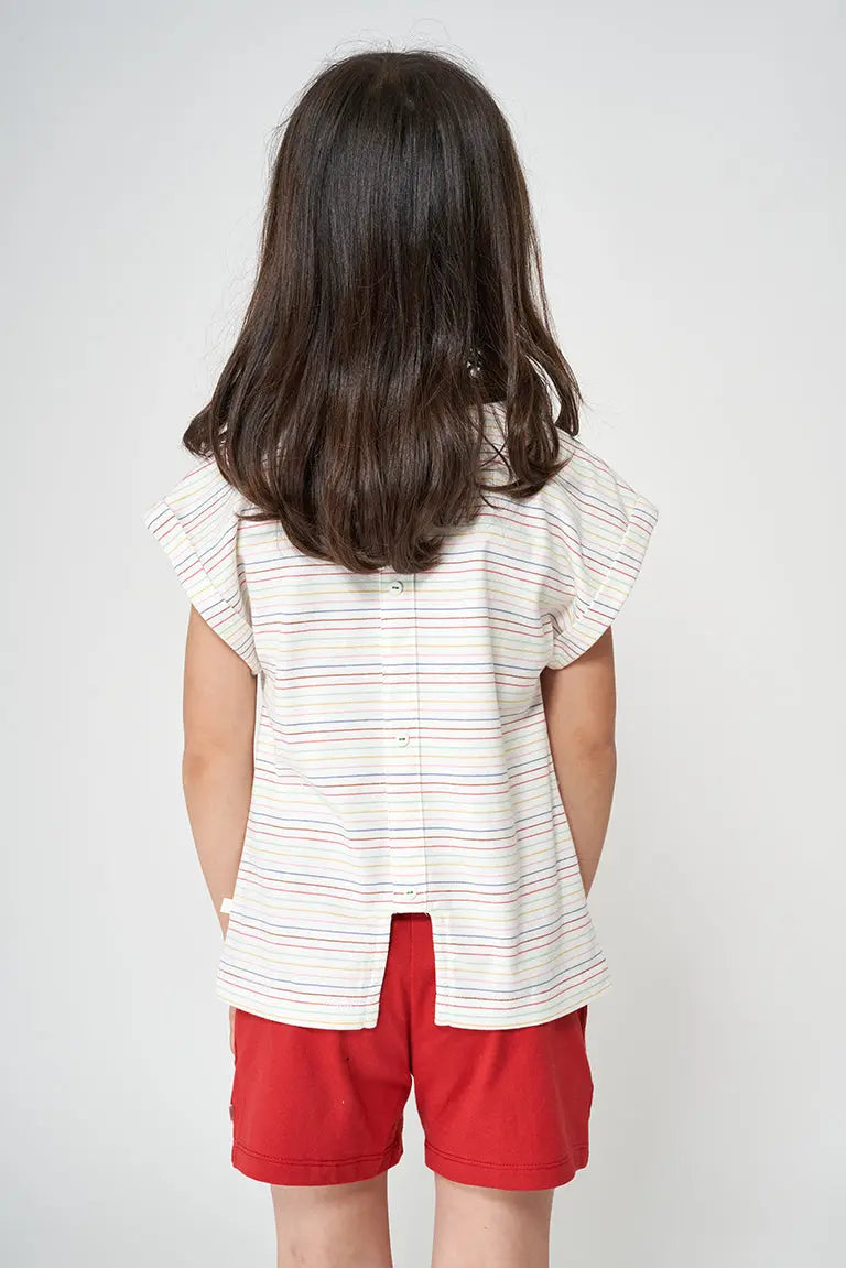 Short-sleeved striped cotton T-shirt with bird