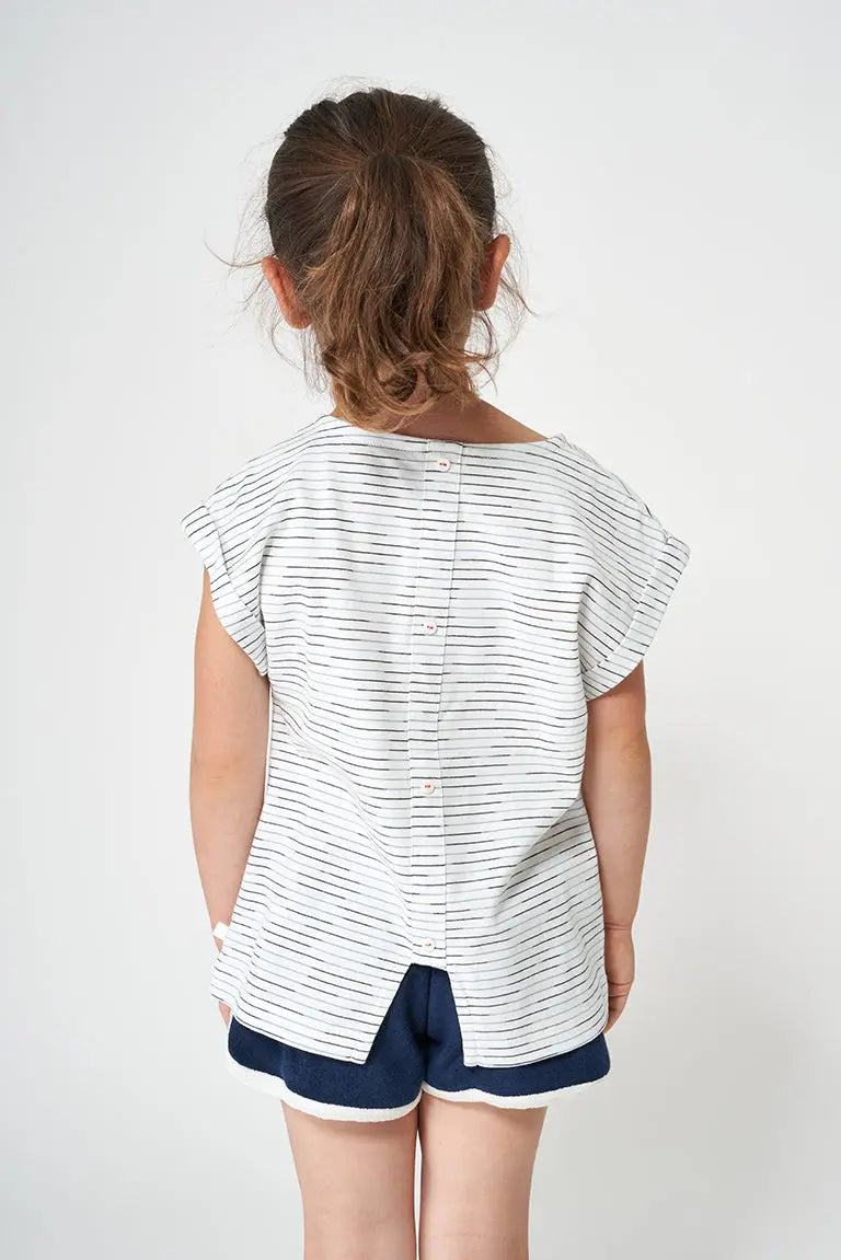 Short-sleeved striped cotton T-shirt with bird