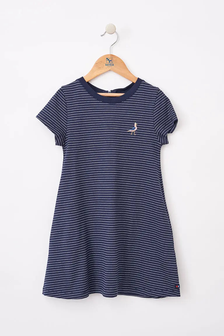 Vestido algodón y manga corta con pájaro bordado