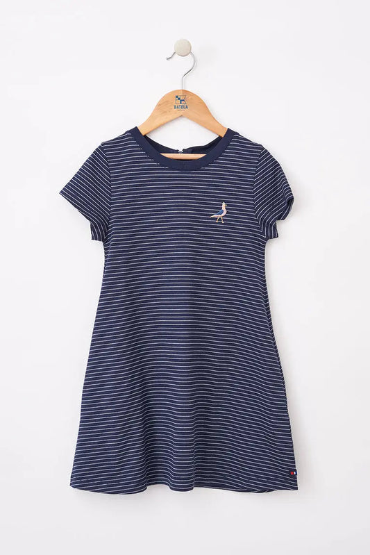 Robe à rayures manches courtes pour fille, confectionnée en coton, oiseau brodé