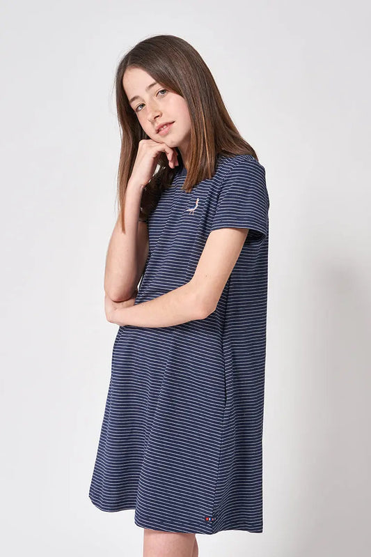 Robe à rayures manches courtes pour fille, confectionnée en coton, oiseau brodé