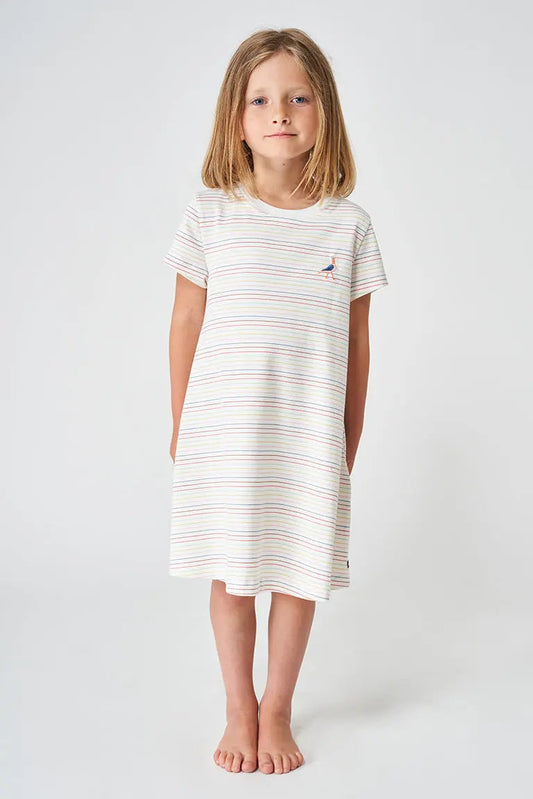 Robe à rayures manches courtes pour fille, confectionnée en coton, oiseau brodé