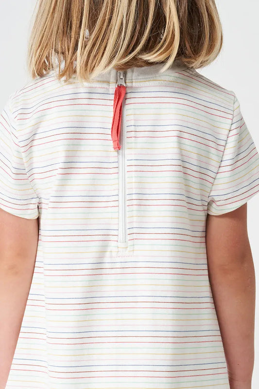Robe à rayures manches courtes pour fille, confectionnée en coton, oiseau brodé
