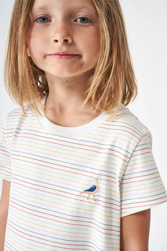 Robe à rayures manches courtes pour fille, confectionnée en coton, oiseau brodé